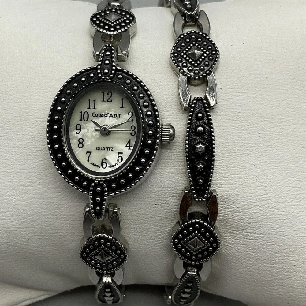 Cote D' Azur Womens Watch 19mm MOP Dial Silver Tone Marcasite New Battery 7.75